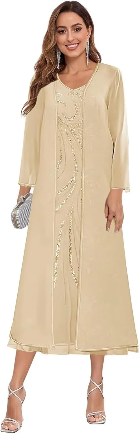 2 Piece Mother of The Bride Dresses for Wedding Tea Length Sequin Chiffon Formal Dress with Jacket