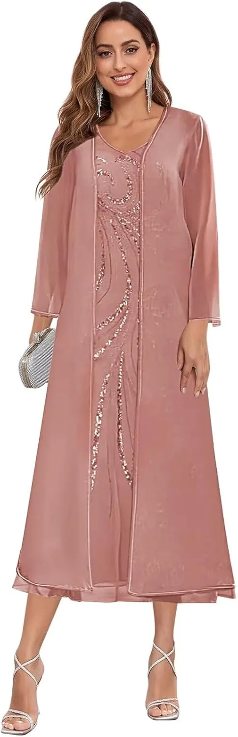 2 Piece Mother of The Bride Dresses for Wedding Tea Length Sequin Chiffon Formal Dress with Jacket