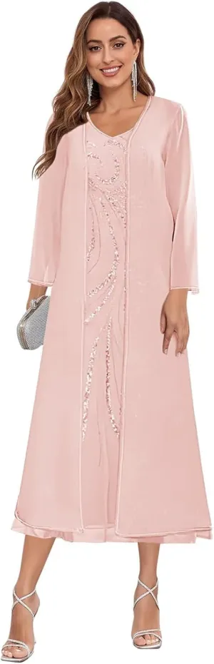 2 Piece Mother of The Bride Dresses for Wedding Tea Length Sequin Chiffon Formal Dress with Jacket