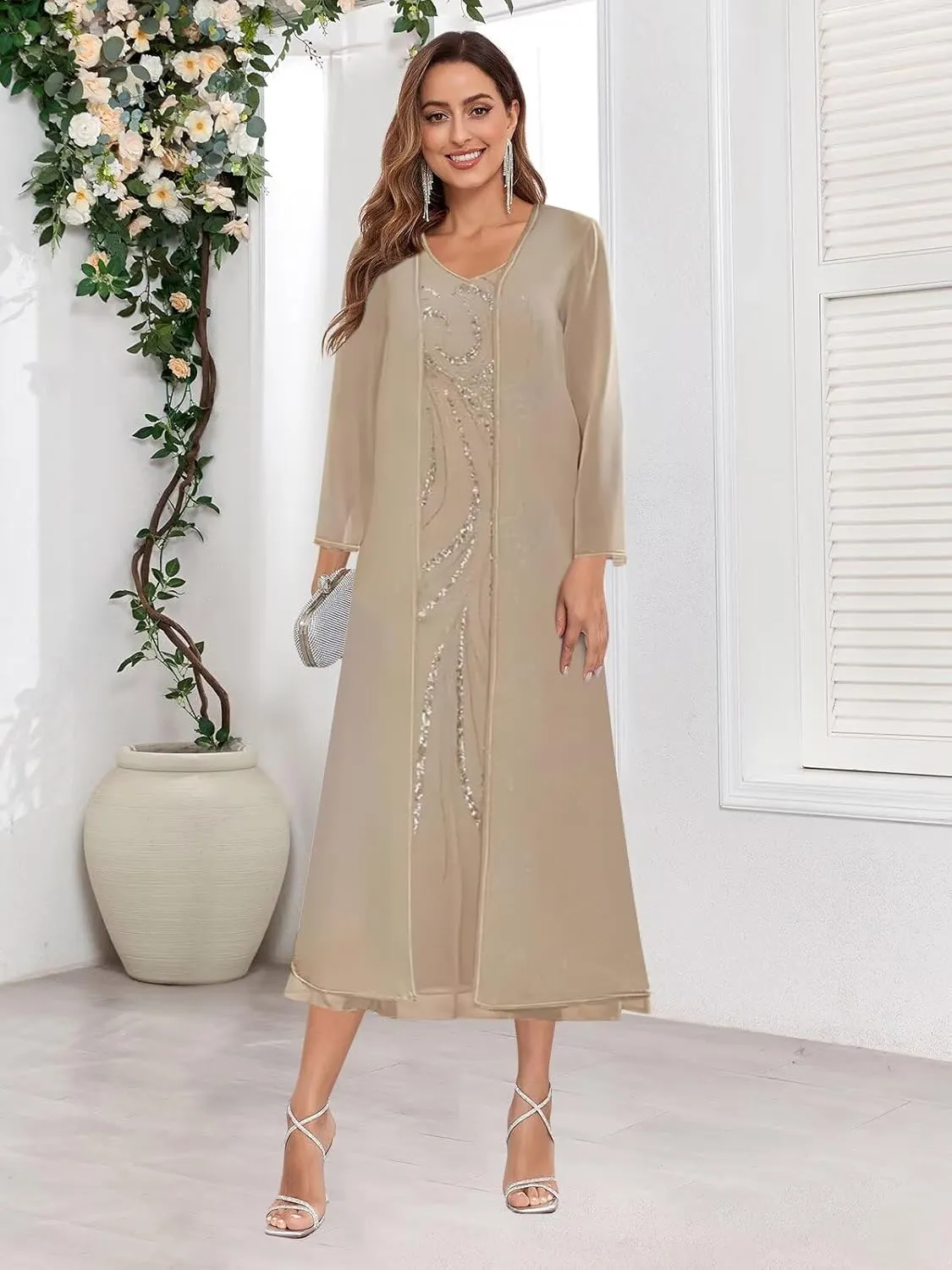 2 Piece Mother of The Bride Dresses for Wedding Tea Length Sequin Chiffon Formal Dress with Jacket