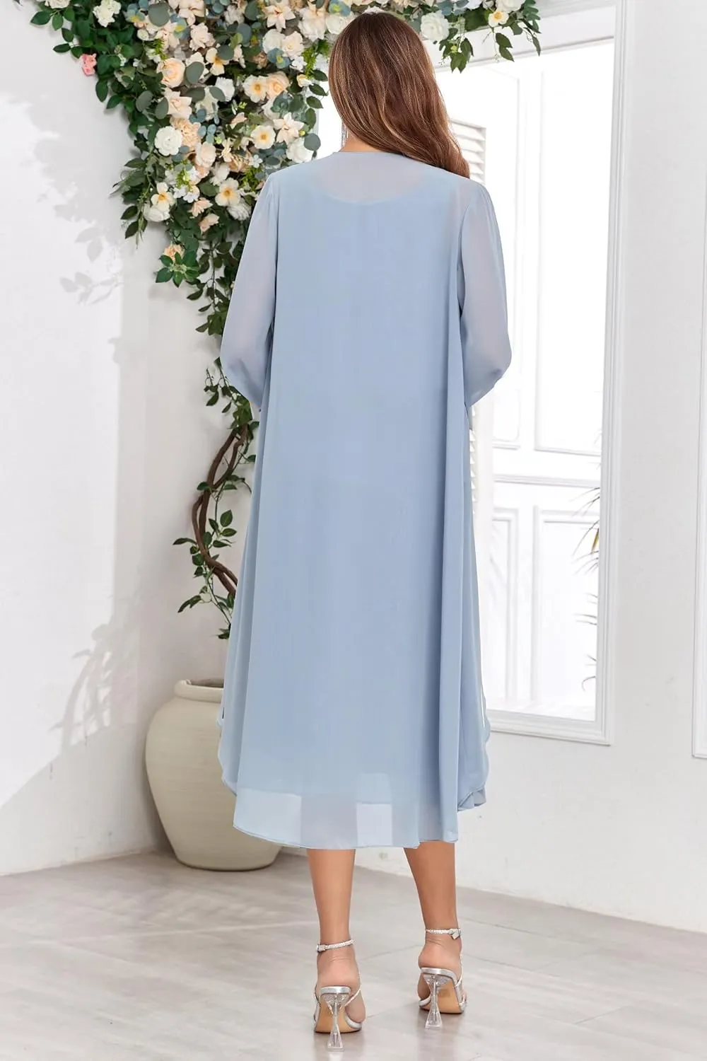 2 Piece Mother of The Bride Dresses for Wedding Tea Length Sequin Chiffon Formal Dress with Jacket