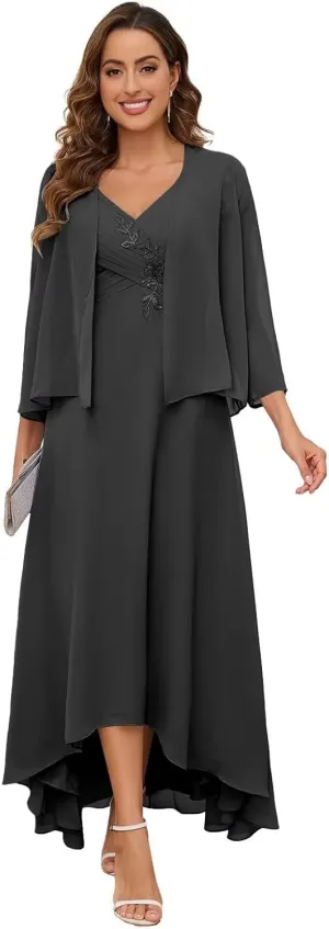 2 Pieces Mother of The Bride Dresses for Wedding V Neck Long Sleeve Lace Formal Evening Dress