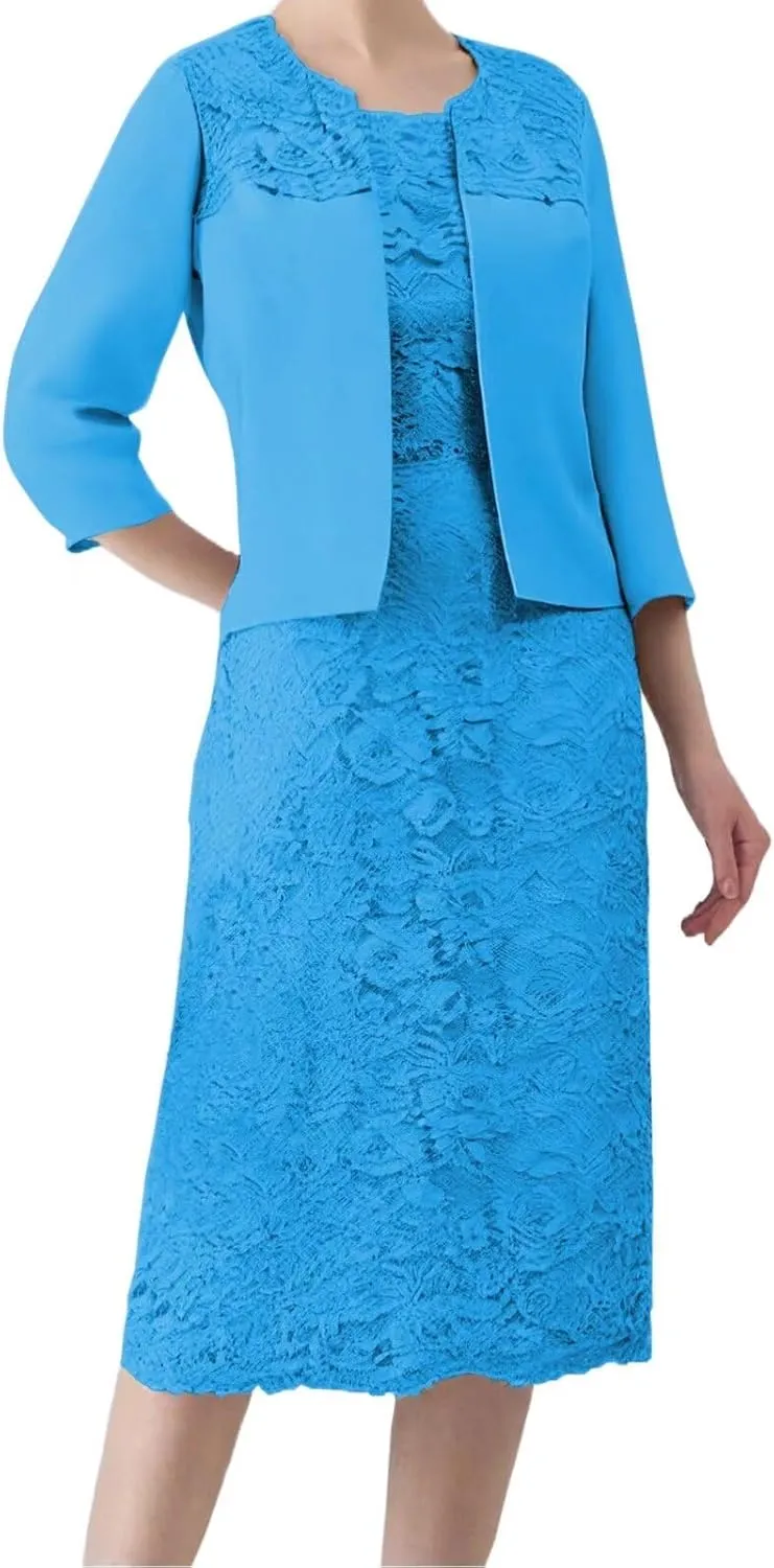 2 Pieces Mother of The Bride Dresses for Wedding with Jacket Formal Dress Applique Tea Length Evening Gown