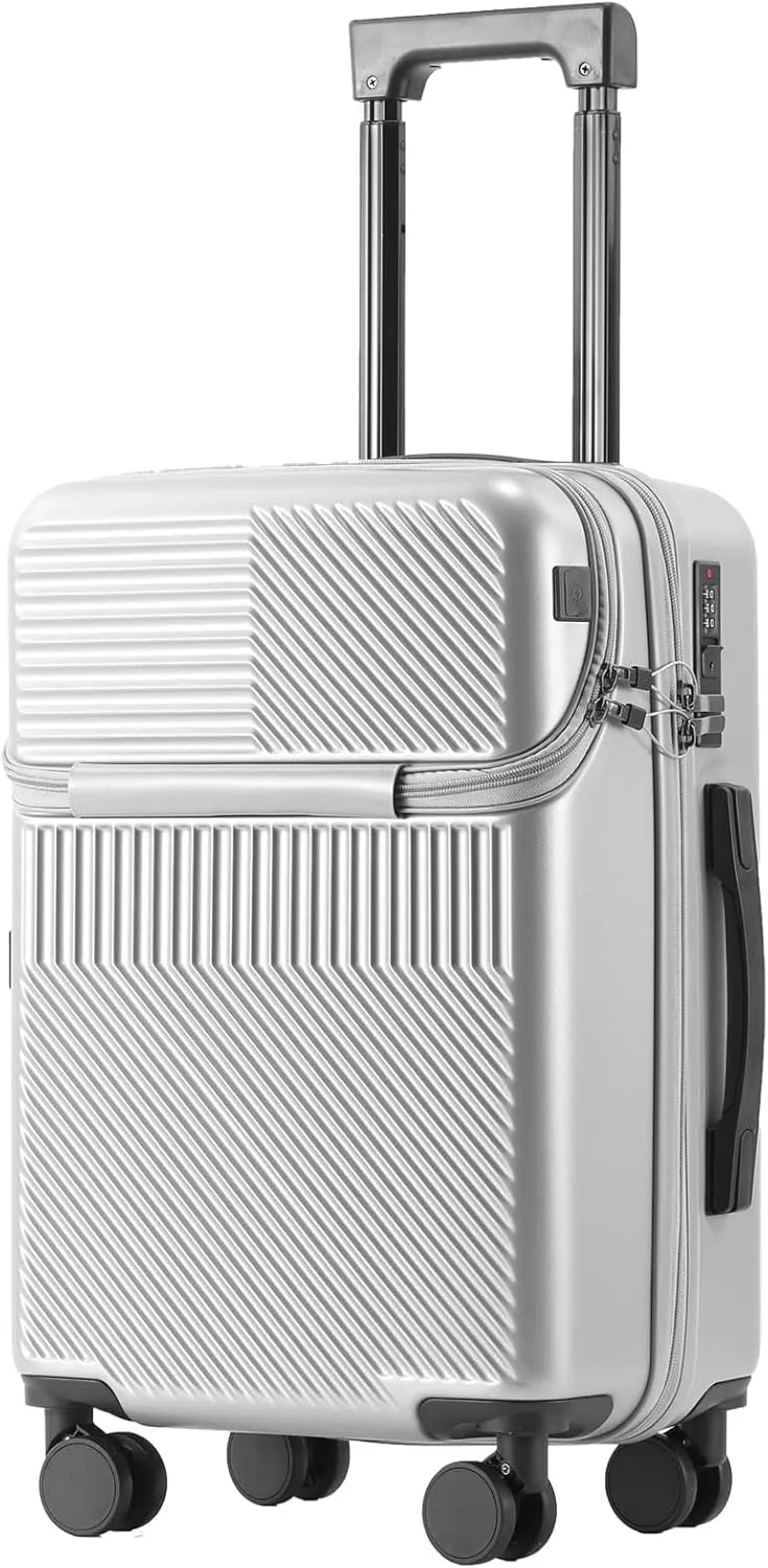 20 inch Checked Luggage PC ABS Suitcase Luggage with Spinner Wheels Adjustable Multi-function Large Capacity with Telescopic Handle (silvery, 20 inch)