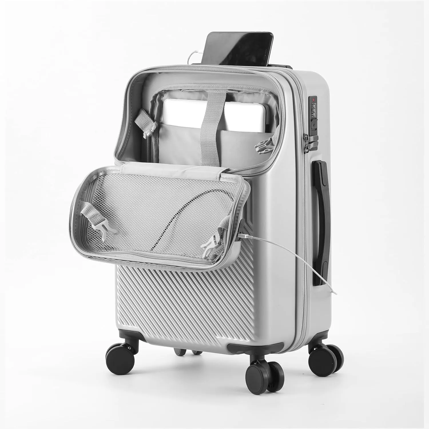 20 inch Checked Luggage PC ABS Suitcase Luggage with Spinner Wheels Adjustable Multi-function Large Capacity with Telescopic Handle (silvery, 20 inch)