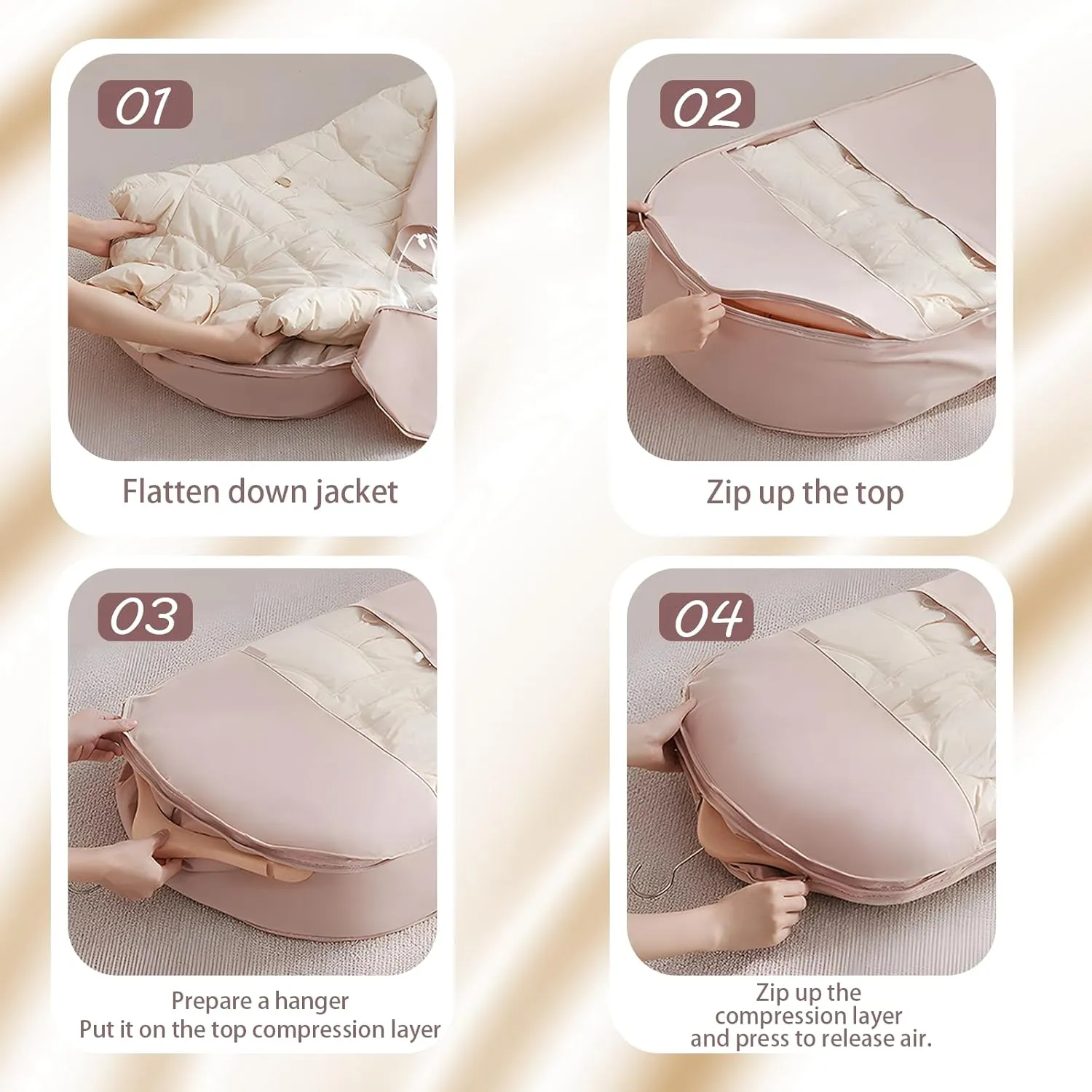2025 Space Saving Hanging Garment Bag with Self Compression Zipper,Clothes Cover for Hanging,Suitable for down Jackets or Thick Coats. (Beige, XL)