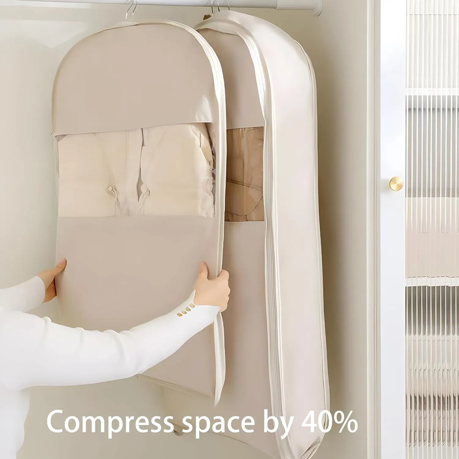2025 Space Saving Hanging Garment Bag with Self Compression Zipper,Clothes Cover for Hanging,Suitable for down Jackets or Thick Coats. (Beige, XL)
