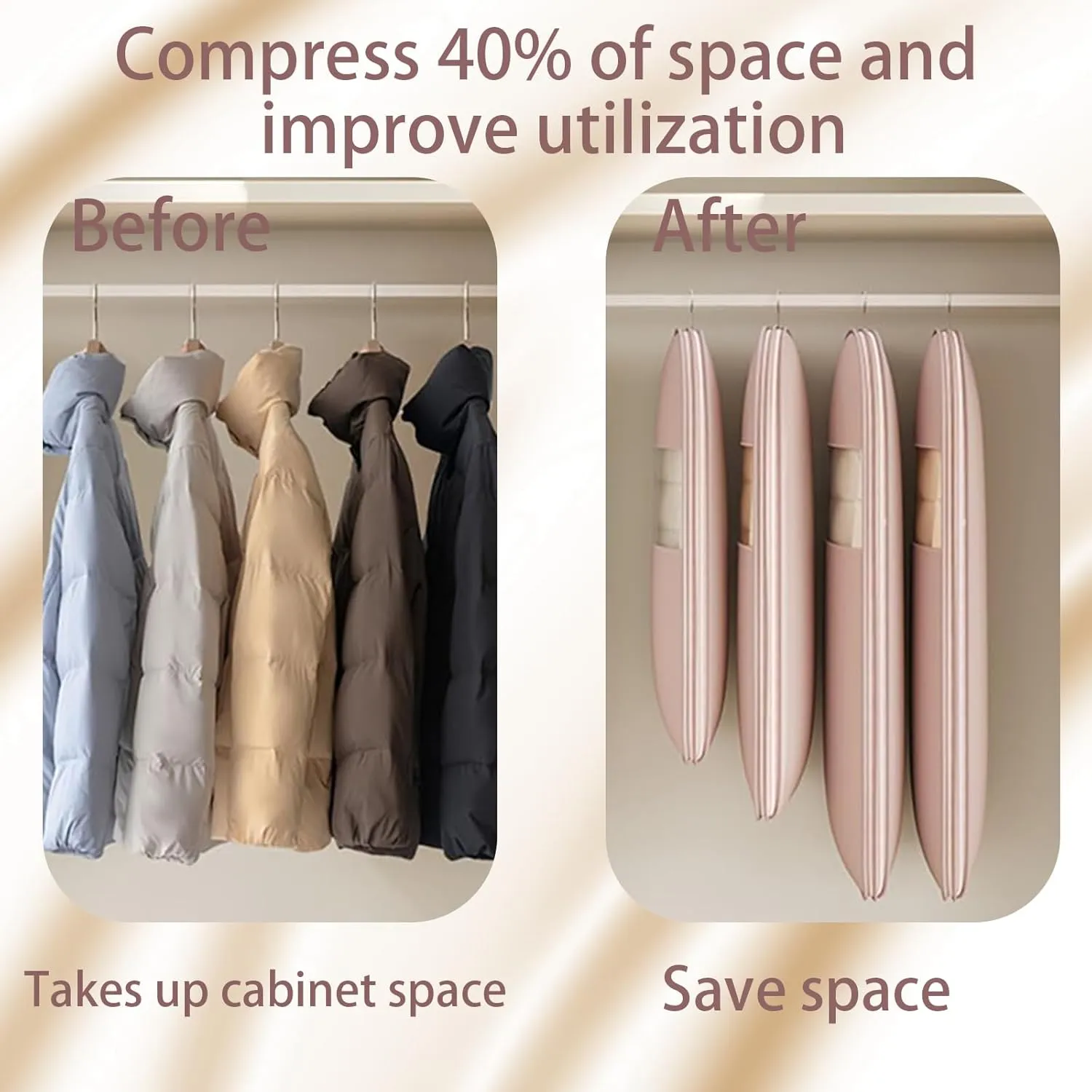 2025 Space Saving Hanging Garment Bag with Self Compression Zipper,Clothes Cover for Hanging,Suitable for down Jackets or Thick Coats. (Beige, XL)