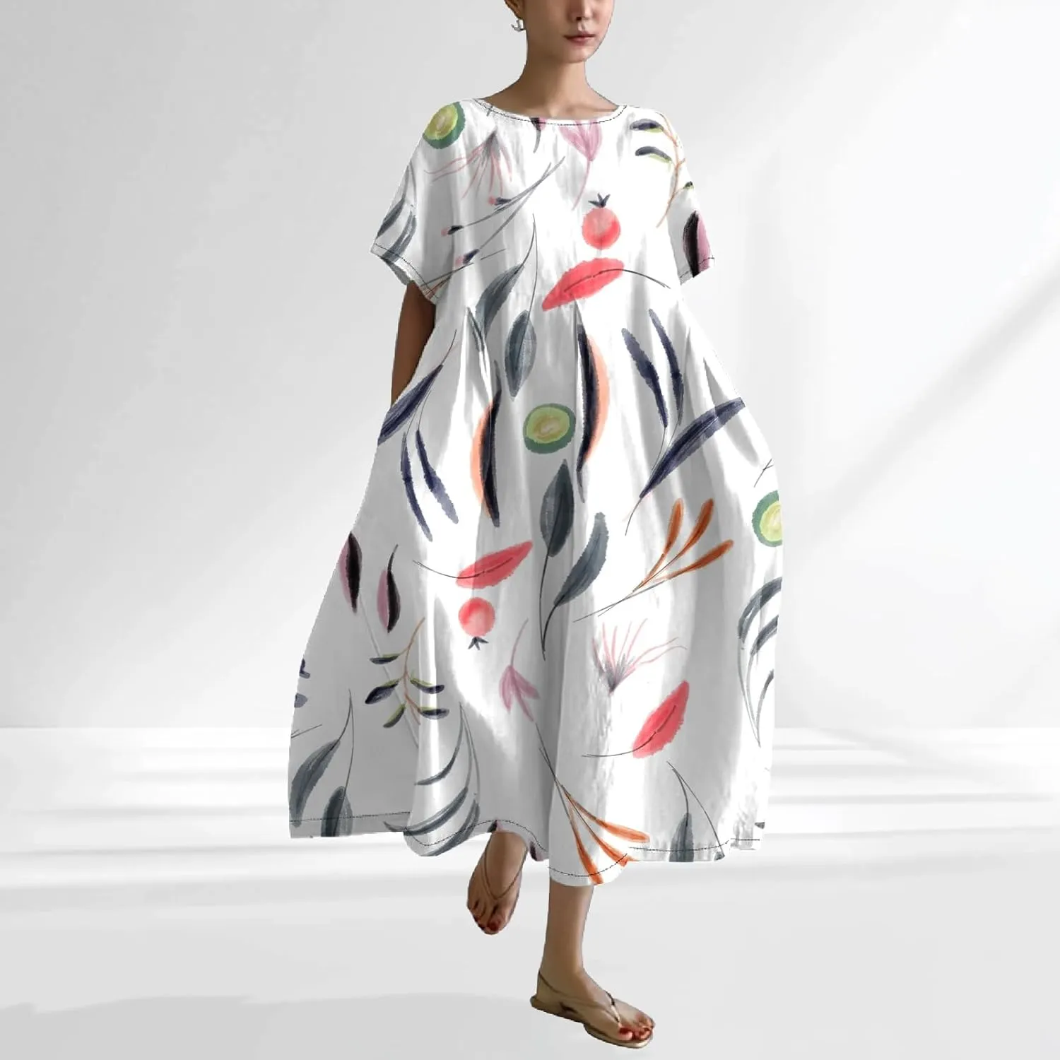 2025 Summer Maxi Dress for Women Short Sleeve Boho Floral Dresses Flowy Cotton Dress Baggy Beach Sundresses