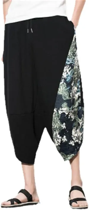 AAPAH Men Harem Pants Summer Cotton Joggers Calf-Length Male Chinese Style Print Trousers