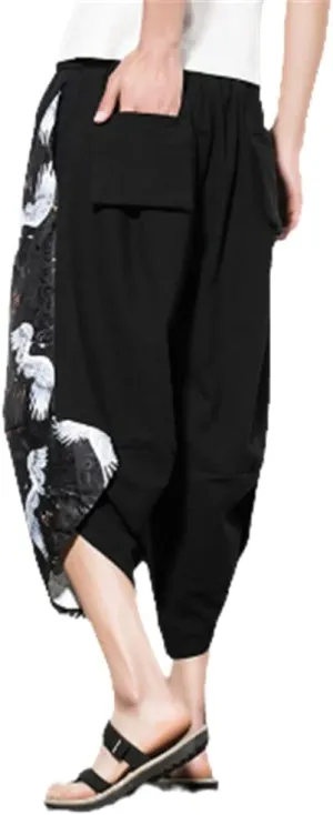 AAPAH Men Harem Pants Summer Cotton Joggers Calf-Length Male Chinese Style Print Trousers