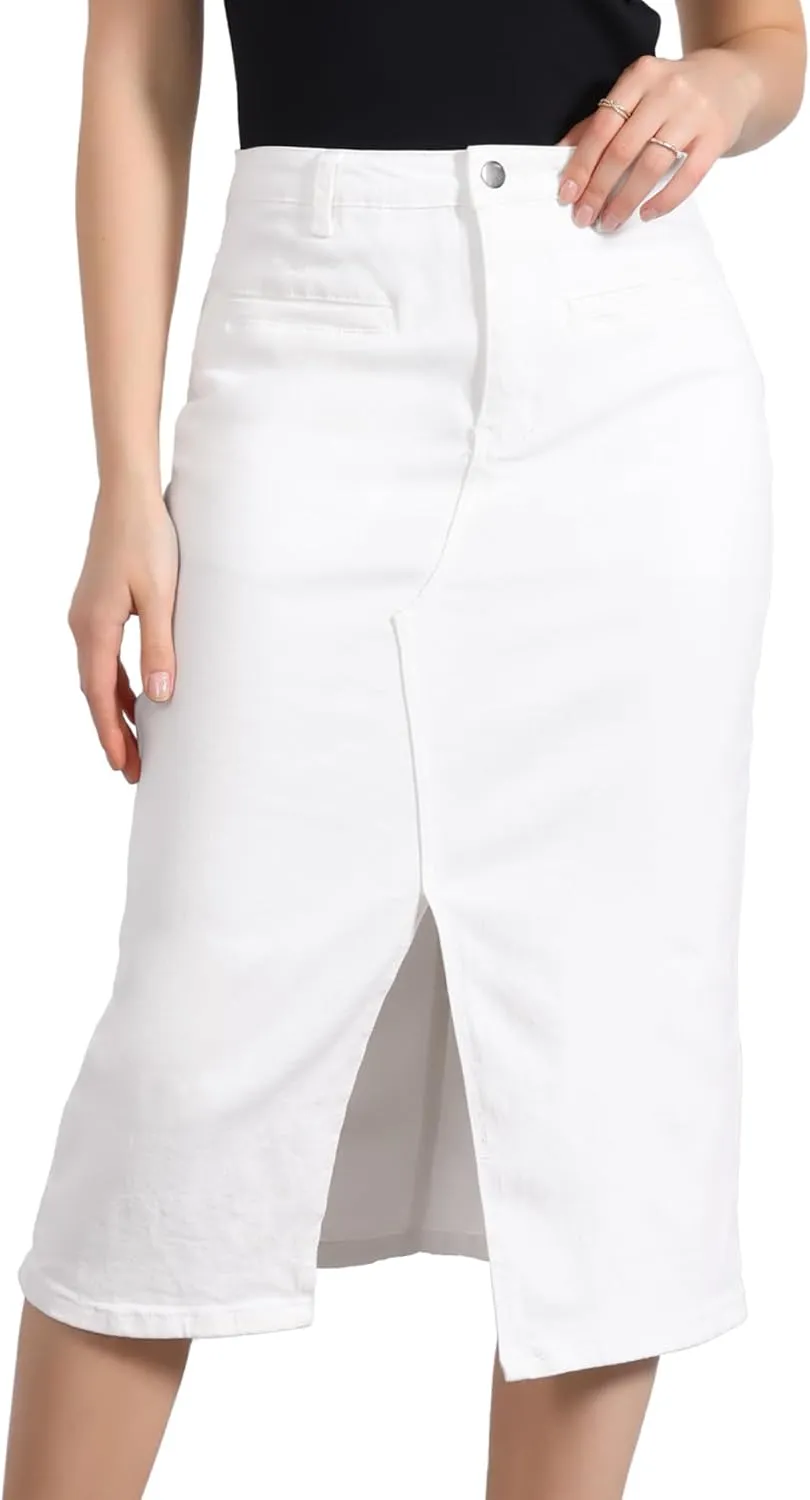 Allegra K Denim Skirt for Women's High Waist Slit Front Washed Jean Midi Skirts with Pockets