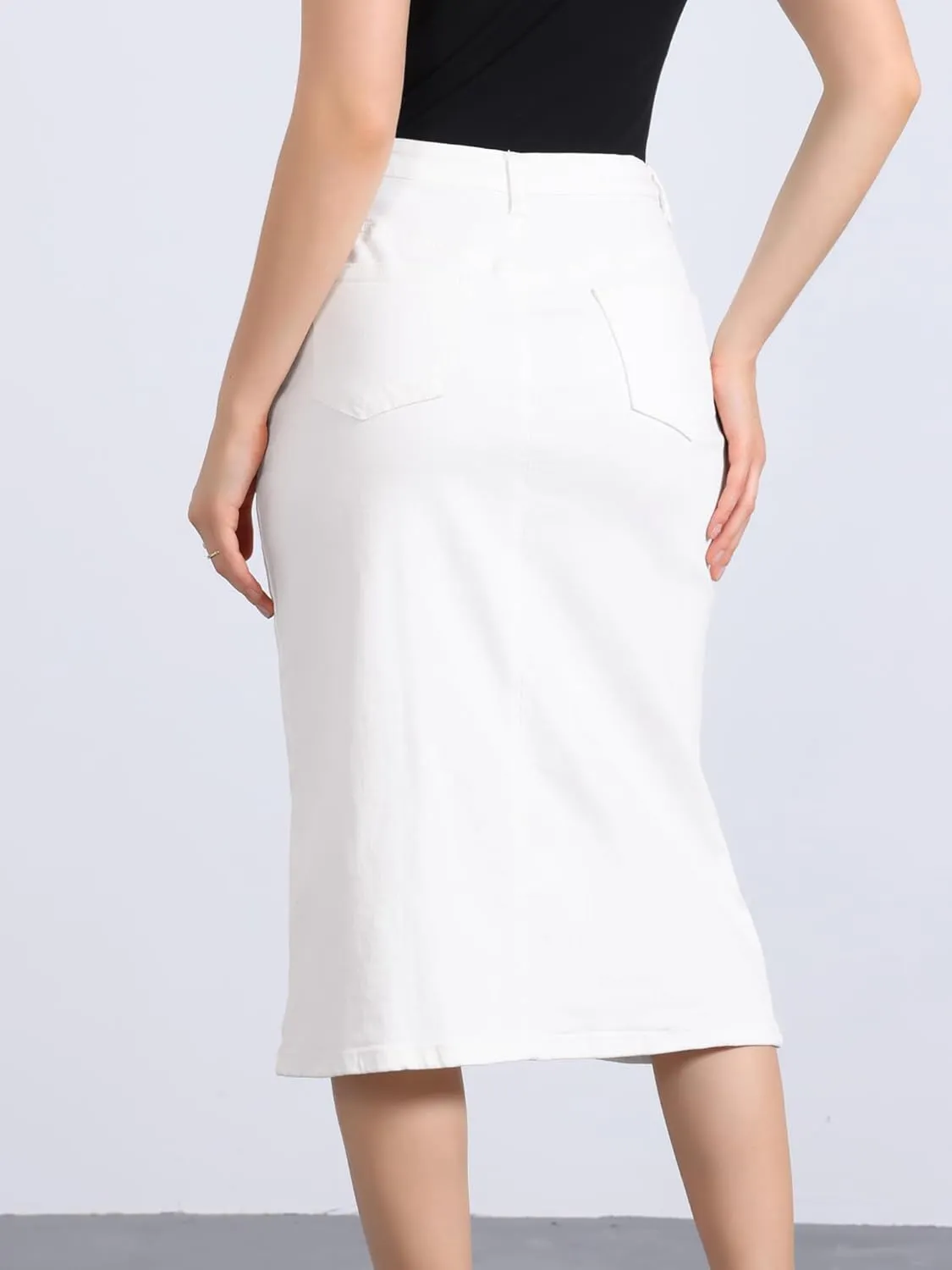 Allegra K Denim Skirt for Women's High Waist Slit Front Washed Jean Midi Skirts with Pockets