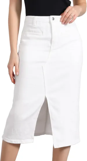 Allegra K Denim Skirt for Women's High Waist Slit Front Washed Jean Midi Skirts with Pockets