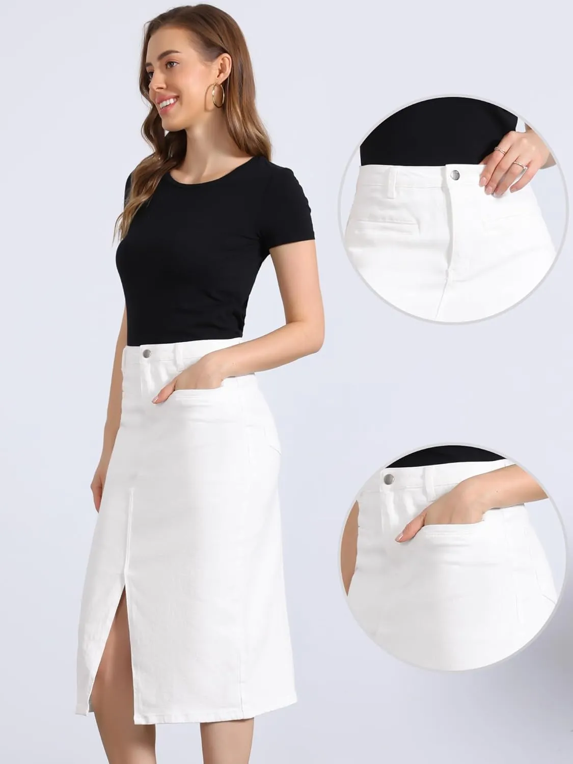 Allegra K Denim Skirt for Women's High Waist Slit Front Washed Jean Midi Skirts with Pockets