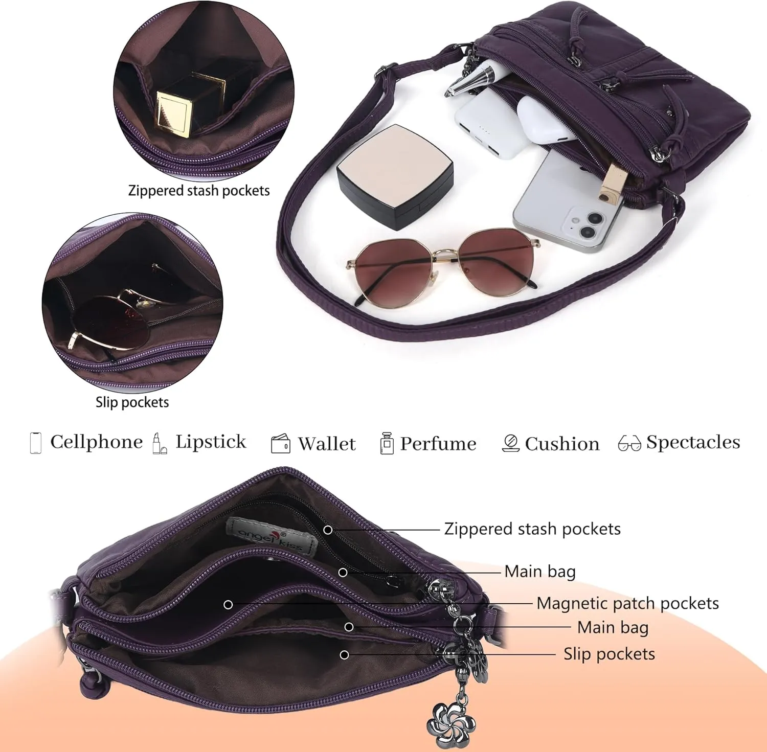 Angel Kiss Small Crossbody Bag for Women Leather Crossbody Purse Triple Compartments Cell Phone Purse Shoulder Bags for Women