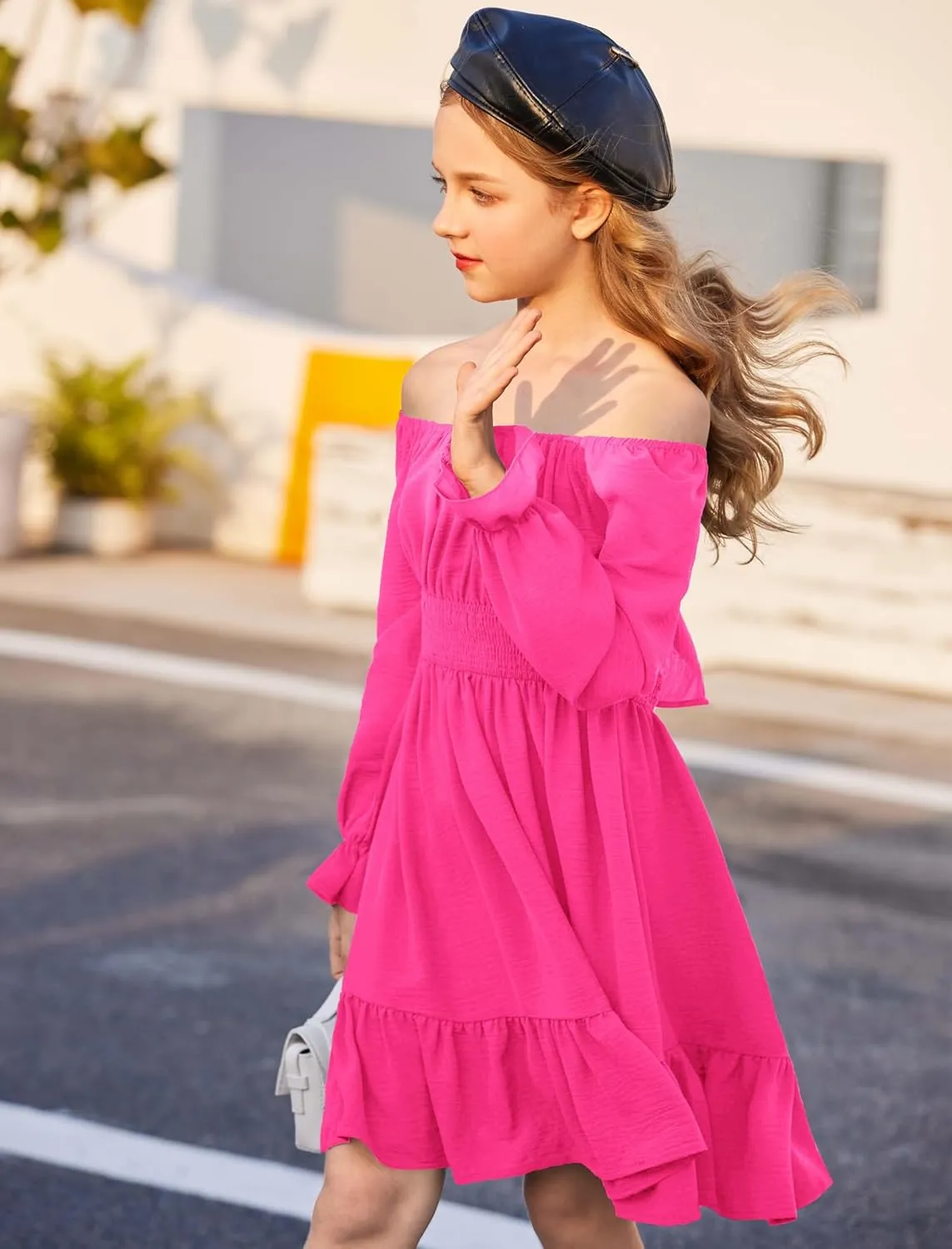 Arshiner Girls Dresses Long Sleeve Tie Back Fall Winter Off Shoulder Dress Kids Clothes