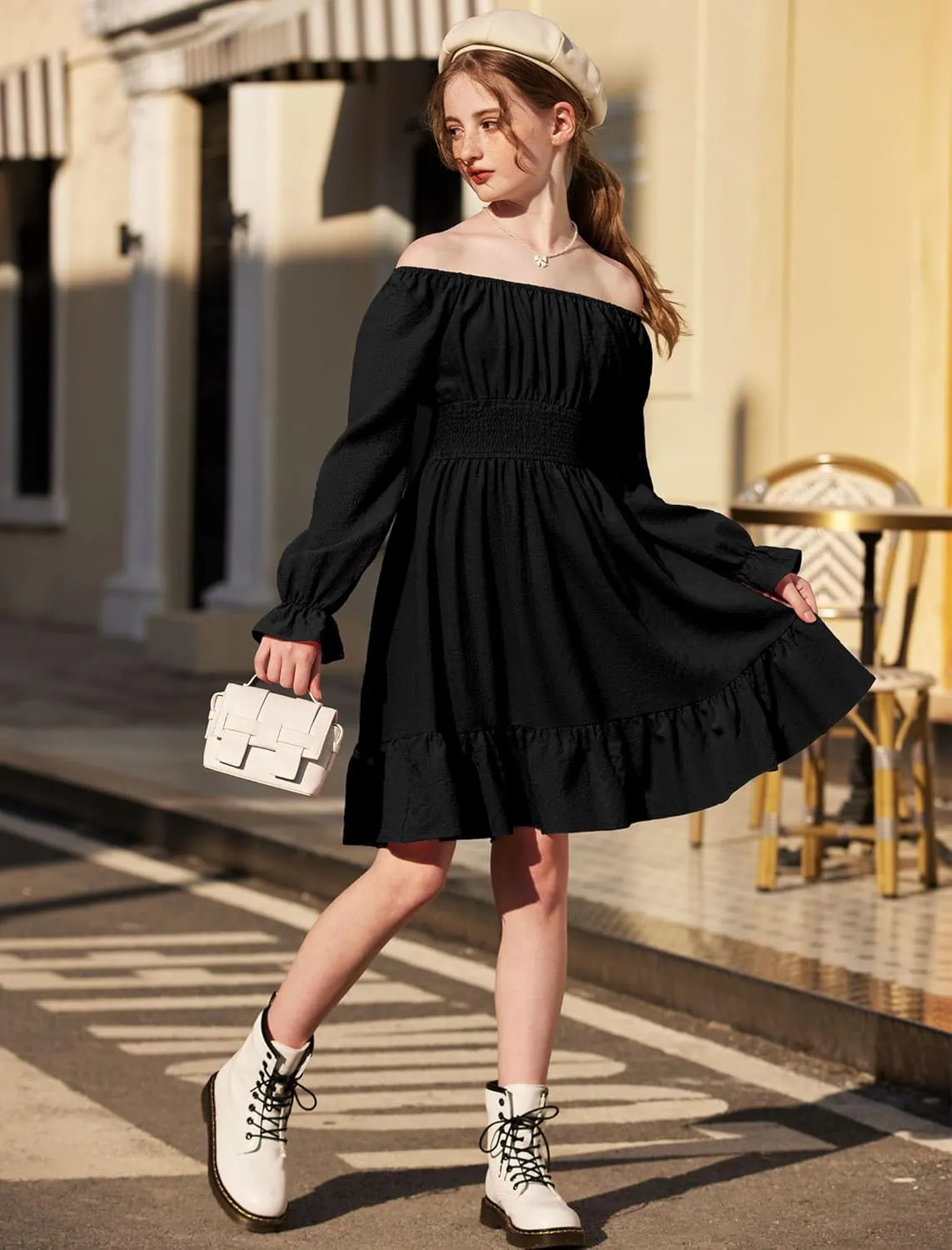Arshiner Girls Dresses Long Sleeve Tie Back Fall Winter Off Shoulder Dress Kids Clothes
