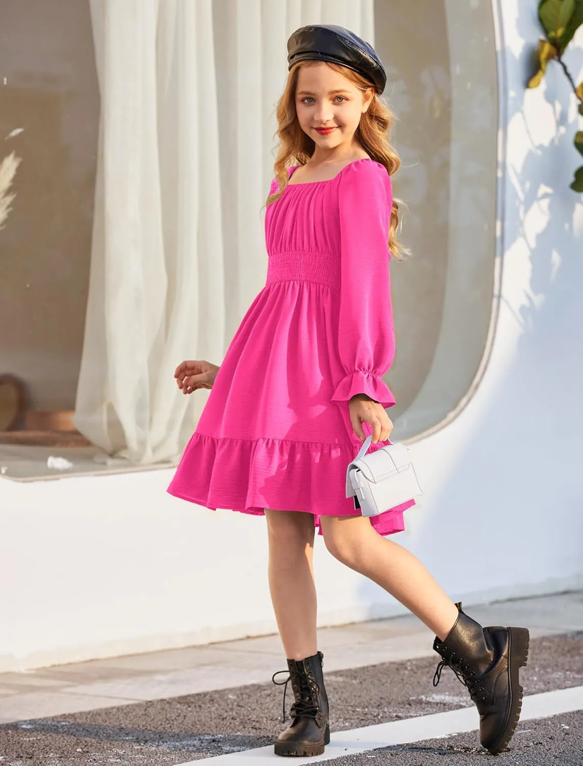 Arshiner Girls Dresses Long Sleeve Tie Back Fall Winter Off Shoulder Dress Kids Clothes