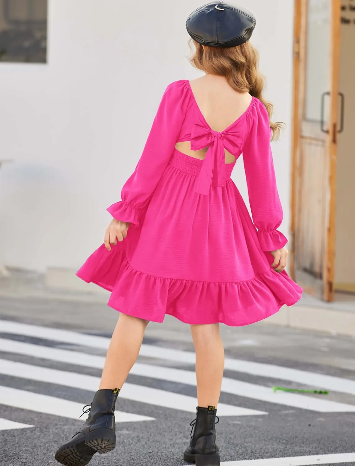 Arshiner Girls Dresses Long Sleeve Tie Back Fall Winter Off Shoulder Dress Kids Clothes