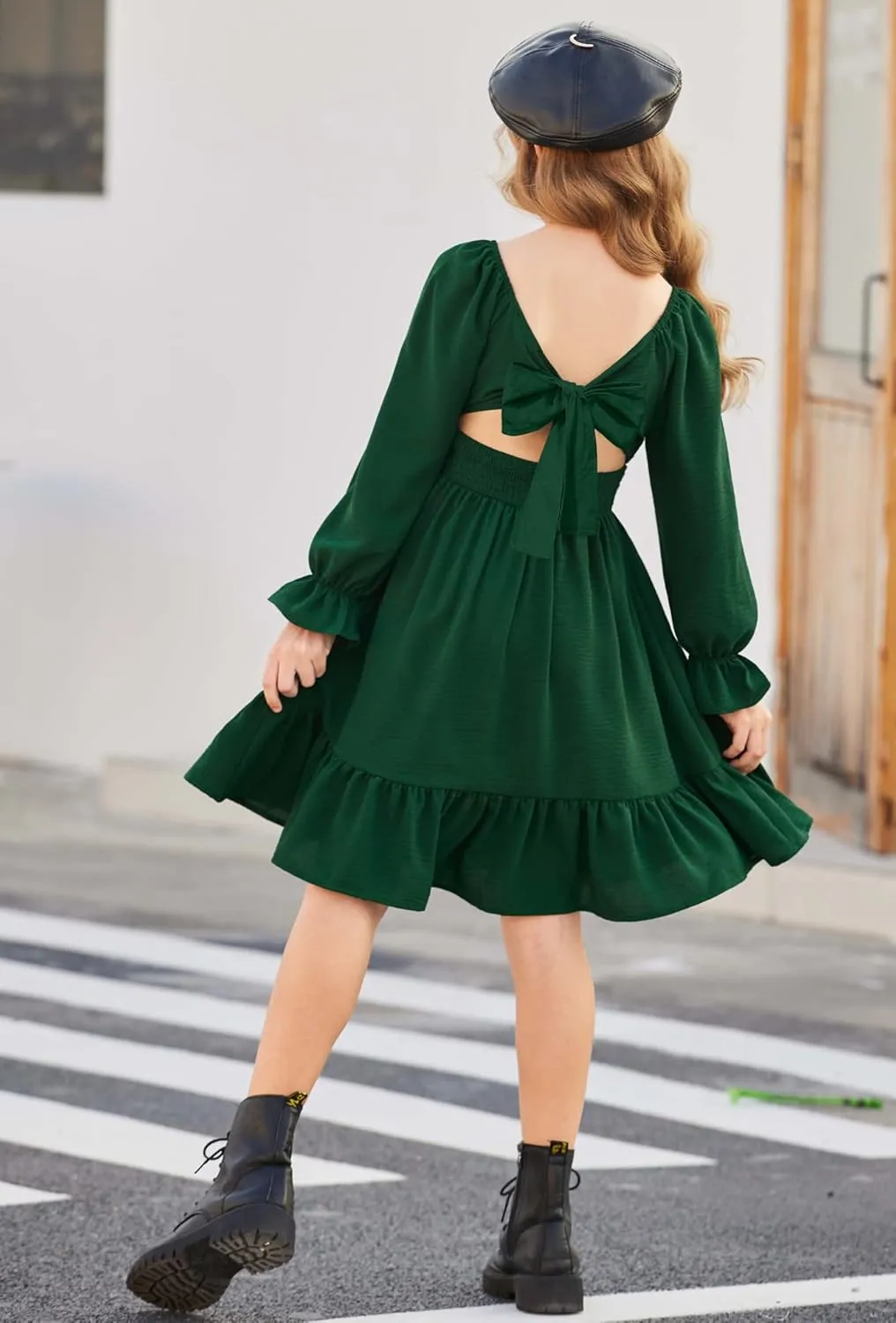 Arshiner Girls Dresses Long Sleeve Tie Back Fall Winter Off Shoulder Dress Kids Clothes