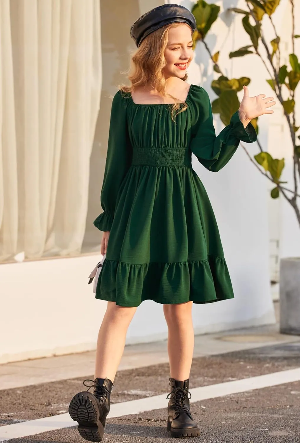 Arshiner Girls Dresses Long Sleeve Tie Back Fall Winter Off Shoulder Dress Kids Clothes