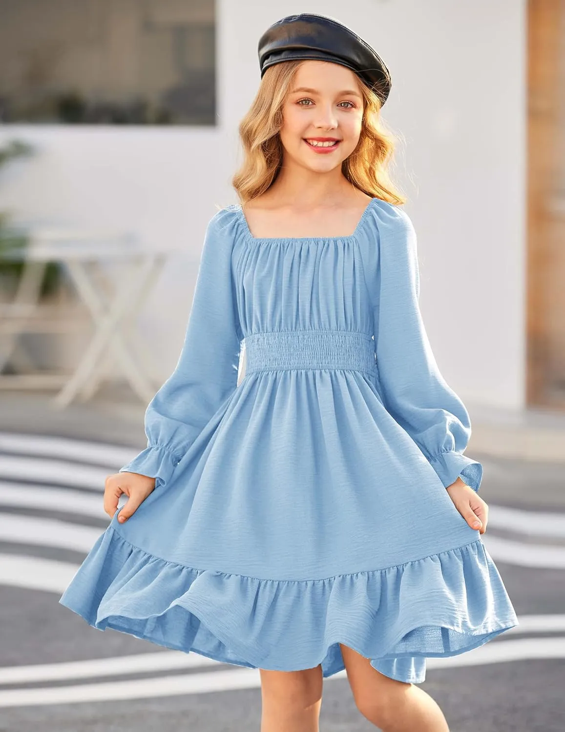 Arshiner Girls Dresses Long Sleeve Tie Back Fall Winter Off Shoulder Dress Kids Clothes
