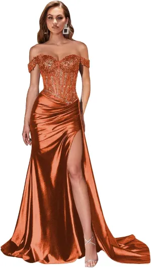 AUMEELAM Sparkly Sequin Off The Shoulder Prom Dress Lace Applique Mermaid Formal Evening Dresses with Slit