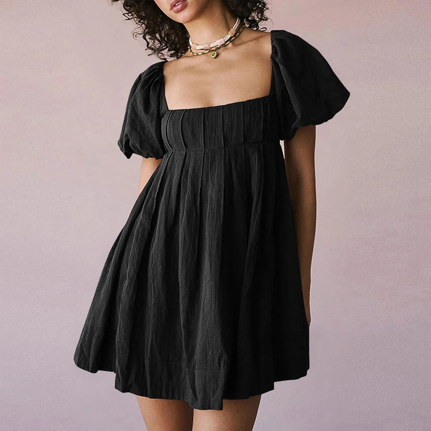 Babydoll Dress for Women 2024 Cute Puff Sleeve Dress Square Neck Short Dress High Waist Ruffle A Line Mini Dresses