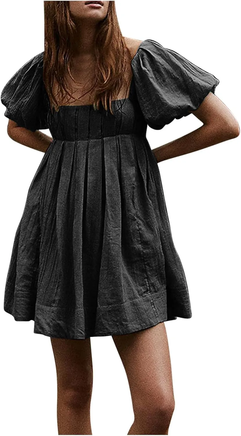 Babydoll Dress for Women 2024 Cute Puff Sleeve Dress Square Neck Short Dress High Waist Ruffle A Line Mini Dresses