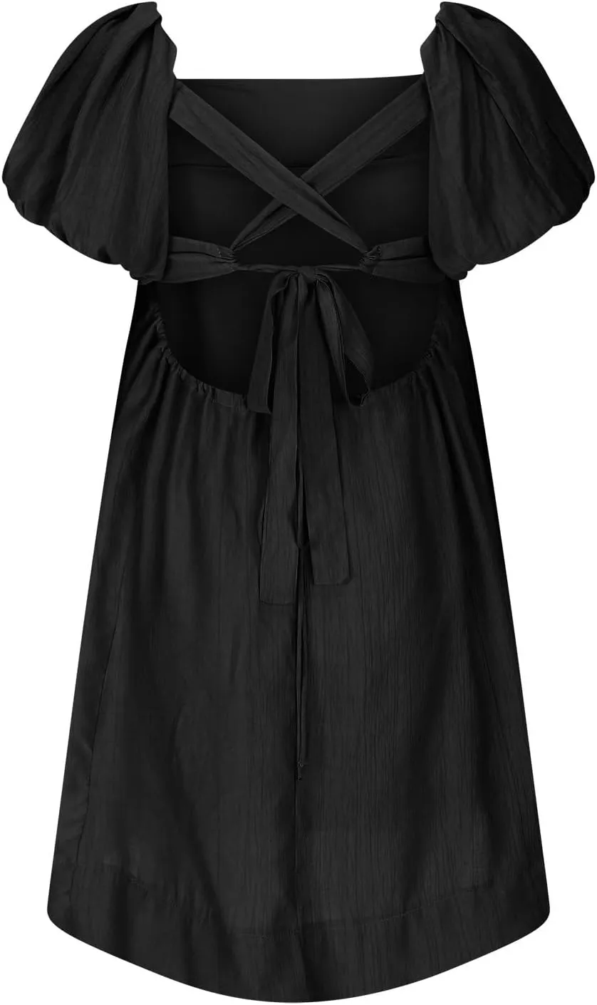 Babydoll Dress for Women 2024 Cute Puff Sleeve Dress Square Neck Short Dress High Waist Ruffle A Line Mini Dresses