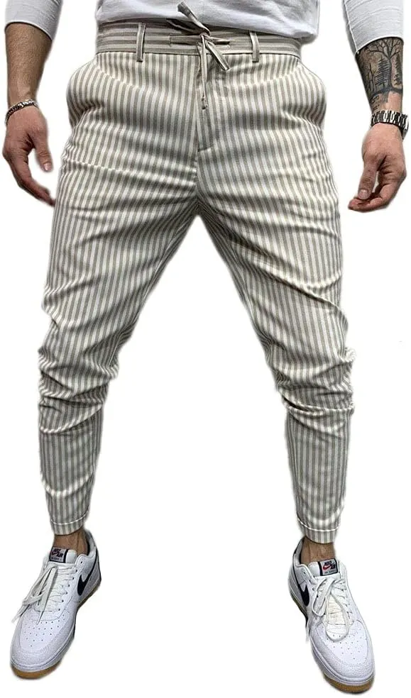 Banana Bucket Mens Striped Casual Chinos Slim Fit Skinny Tapered Zipper Pants with Pocket and Drawstring