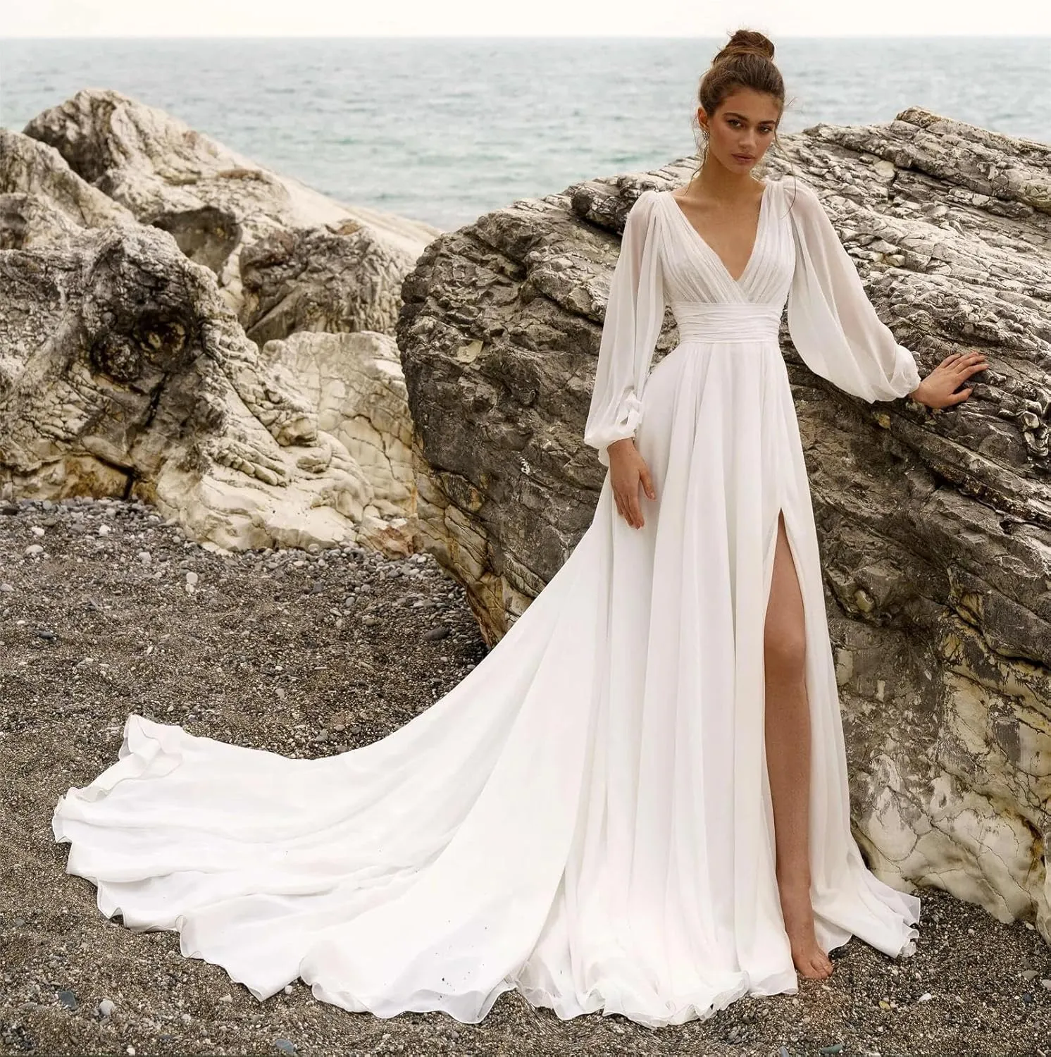 Beach Long Sleeve Wedding Dresses for Bride V Neck Empire Waist Slit A Line Chiffon Bridal Gown with Train