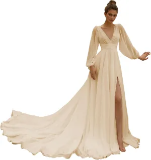 Beach Long Sleeve Wedding Dresses for Bride V Neck Empire Waist Slit A Line Chiffon Bridal Gown with Train