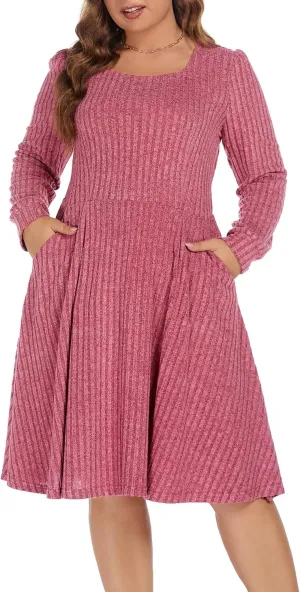 BEDOAR Plus Size Square-Neck Dress Long Sleeve Stretchy Comfy Casual Fall/Winter Dress with Pockets