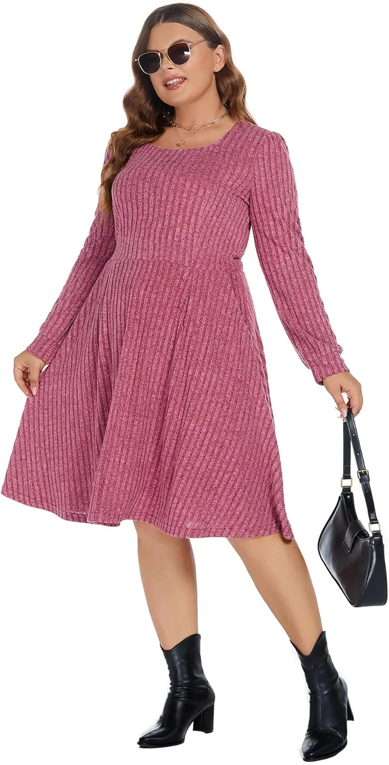 BEDOAR Plus Size Square-Neck Dress Long Sleeve Stretchy Comfy Casual Fall/Winter Dress with Pockets