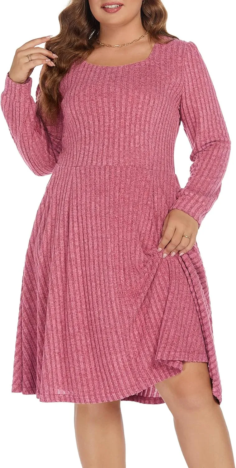BEDOAR Plus Size Square-Neck Dress Long Sleeve Stretchy Comfy Casual Fall/Winter Dress with Pockets