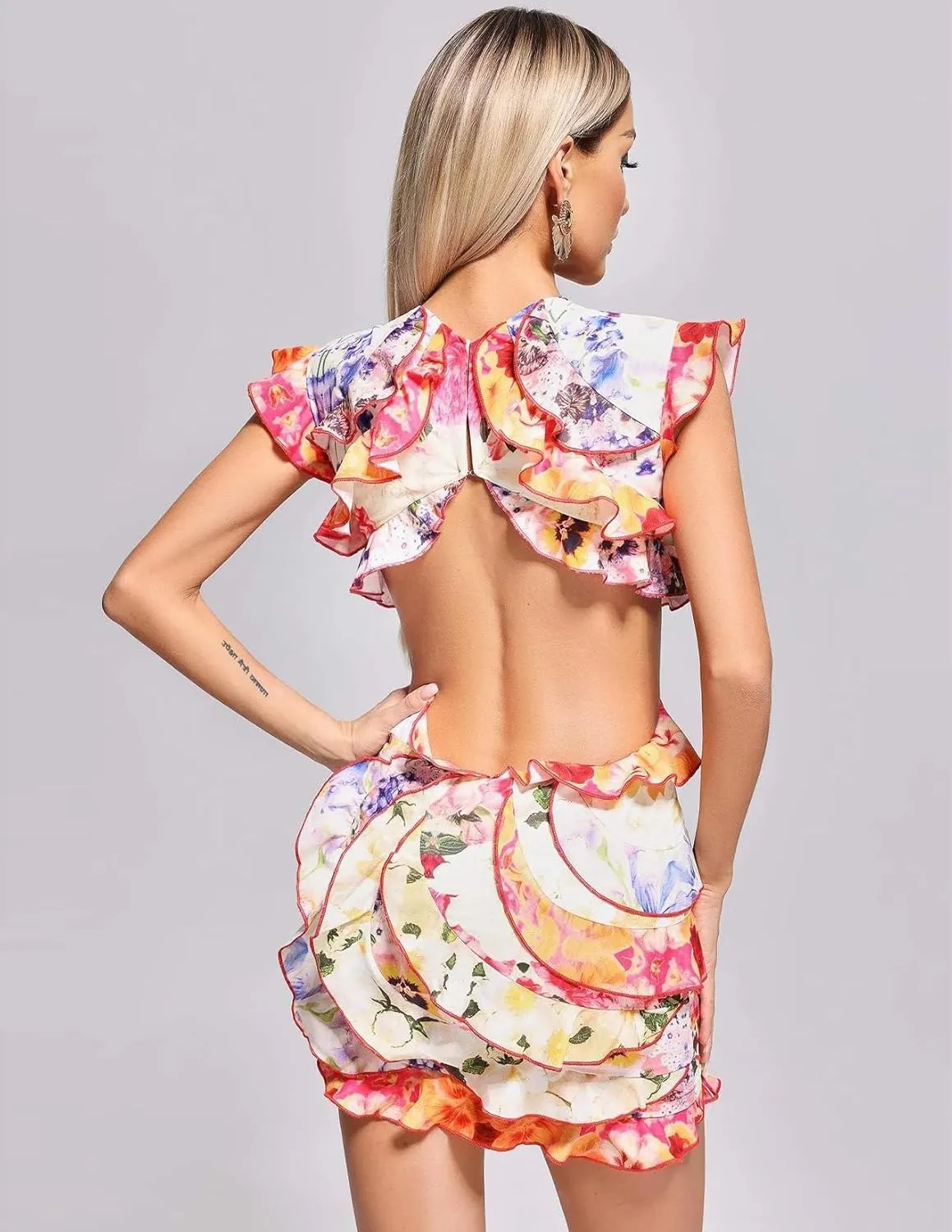BELLA BARNETT Cutout Ruffle Dress Trendy Floral Dress Backless Party Dress