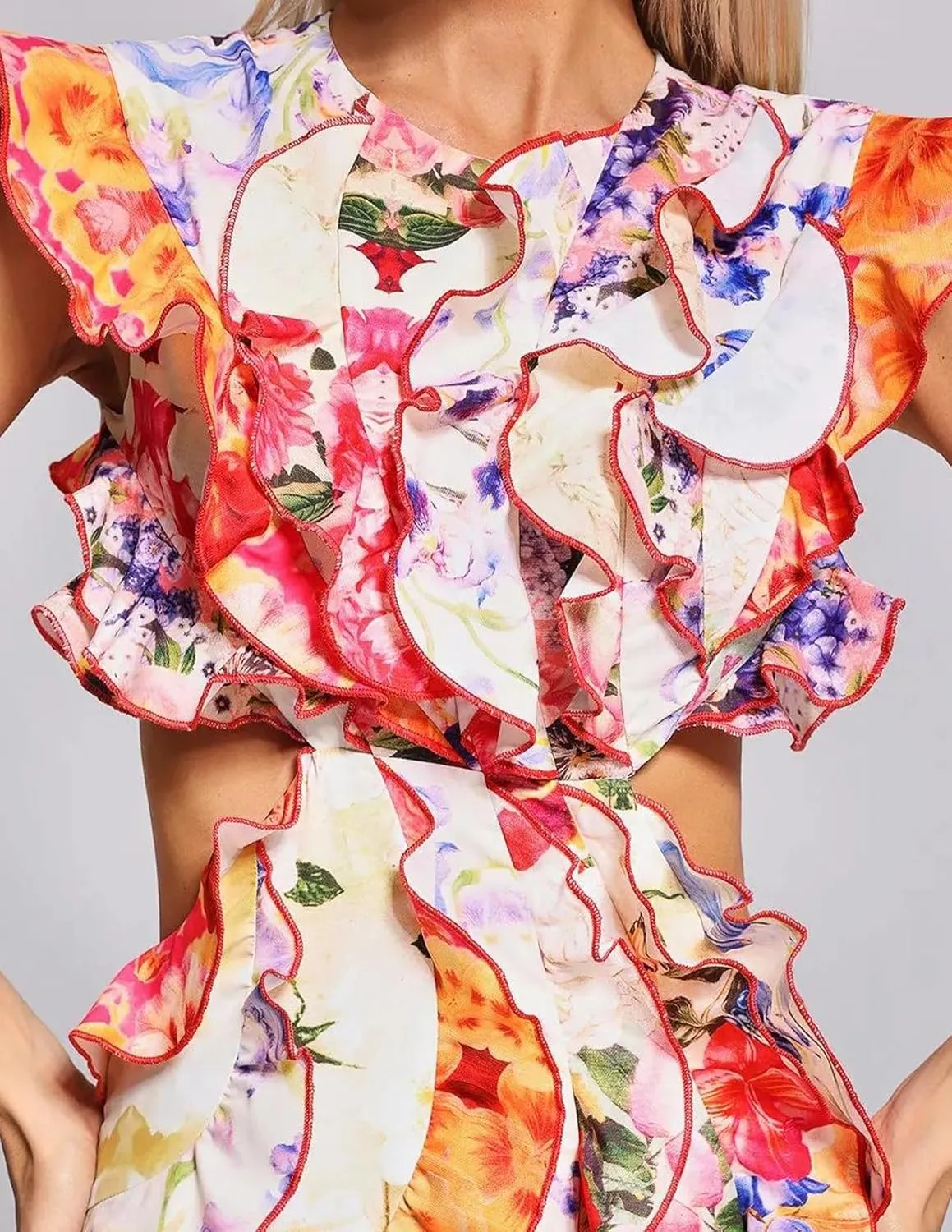 BELLA BARNETT Cutout Ruffle Dress Trendy Floral Dress Backless Party Dress