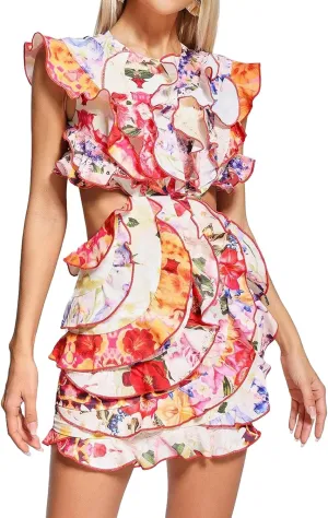 BELLA BARNETT Cutout Ruffle Dress Trendy Floral Dress Backless Party Dress