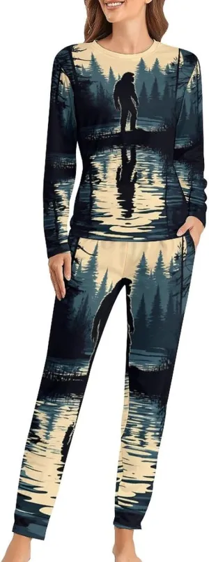 Bigfoot Moonlight Reflection Women's Pajama Set Long Sleeve T-shirts Top & Pant Comfort Sleepwear Loungewear