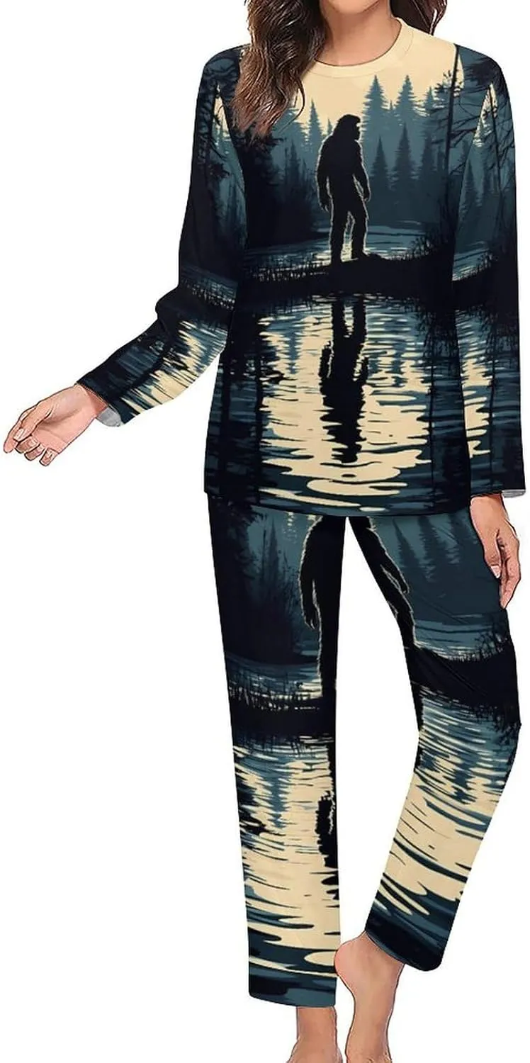 Bigfoot Moonlight Reflection Women's Pajama Set Long Sleeve T-shirts Top & Pant Comfort Sleepwear Loungewear