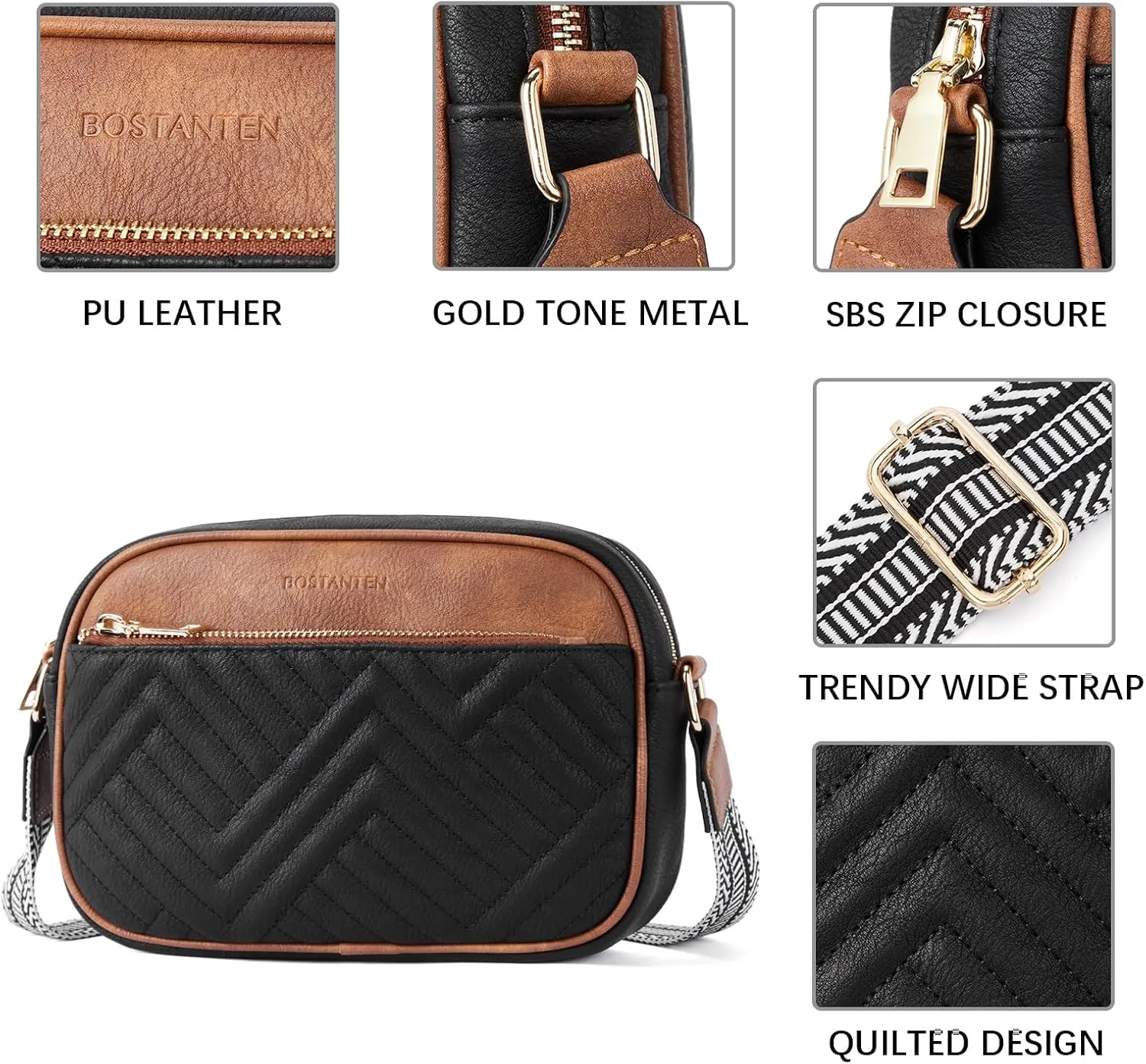 BOSTANTEN Quilted Crossbody Bags for Women Vegan Leather Purses Small Shoulder Handbags with Wide Strap