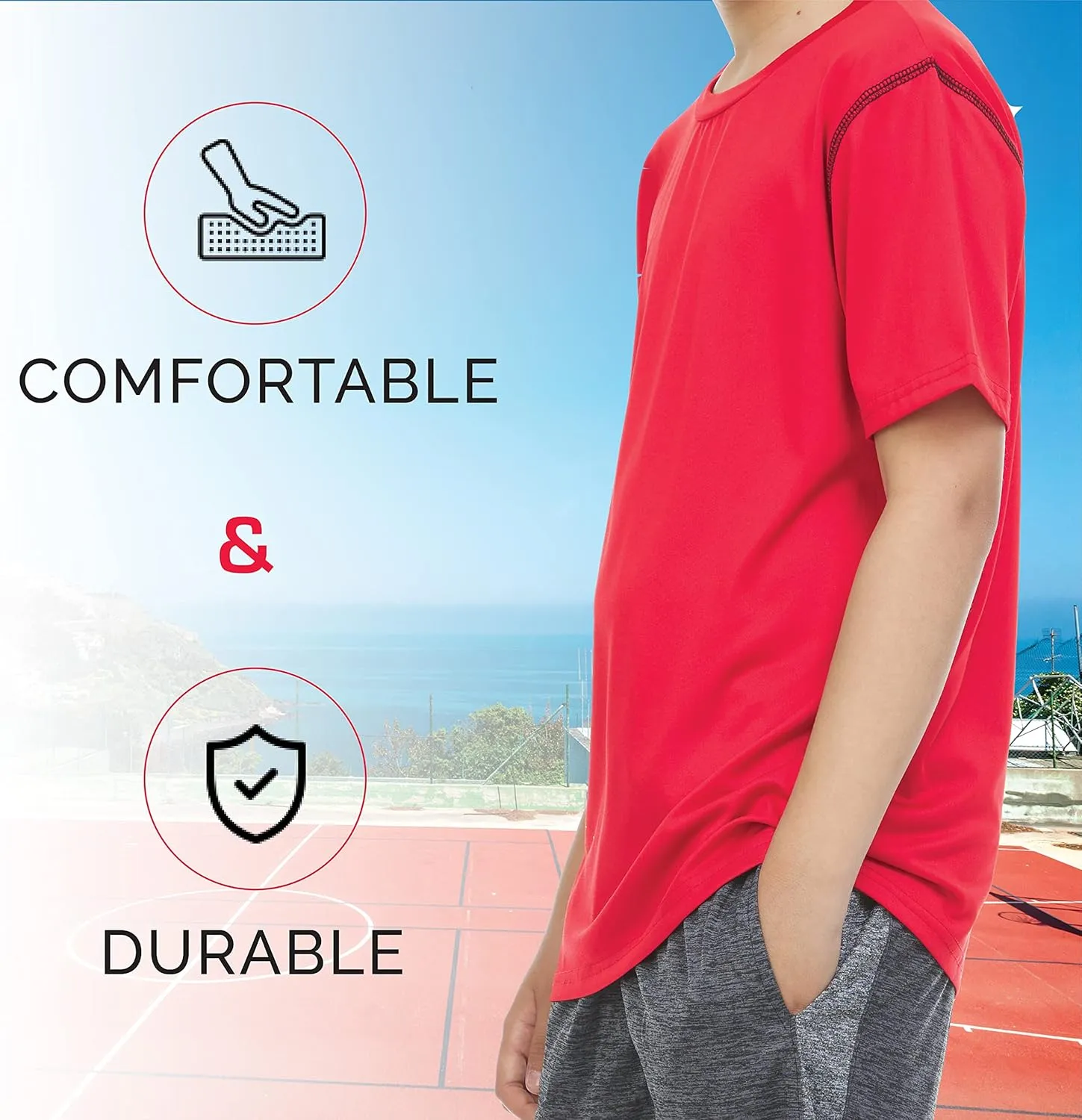 Boys T-Shirts - Youth Big Kids Active Workout Dry-Fit Stretch Crew Neck Short Sleeve Top 4 Pack