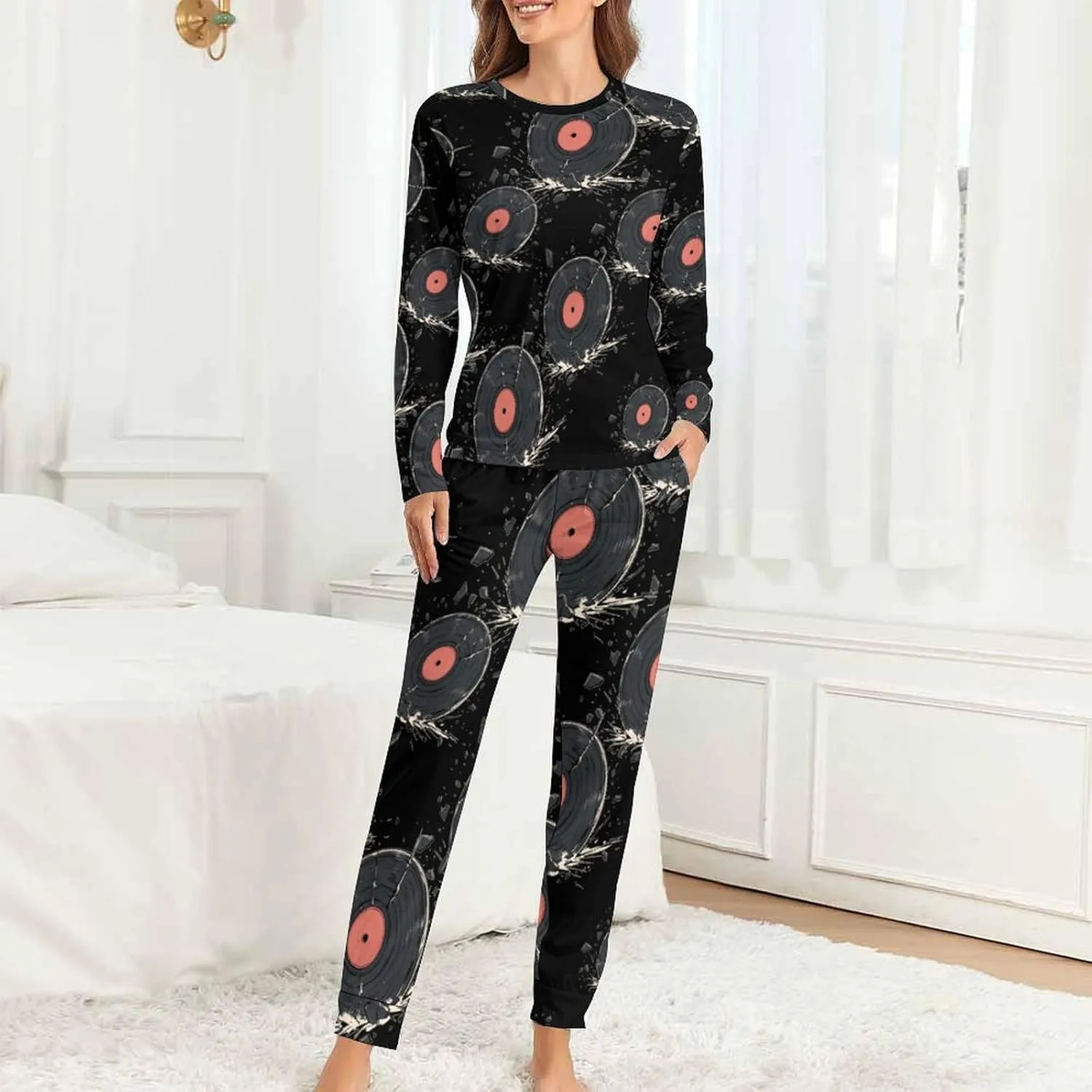Broken Vinyl Record Women's Pajama Set Long Sleeve T-shirts Top & Pant Comfort Sleepwear Loungewear