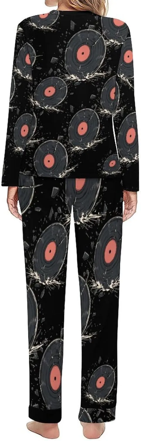 Broken Vinyl Record Women's Pajama Set Long Sleeve T-shirts Top & Pant Comfort Sleepwear Loungewear