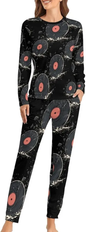 Broken Vinyl Record Women's Pajama Set Long Sleeve T-shirts Top & Pant Comfort Sleepwear Loungewear