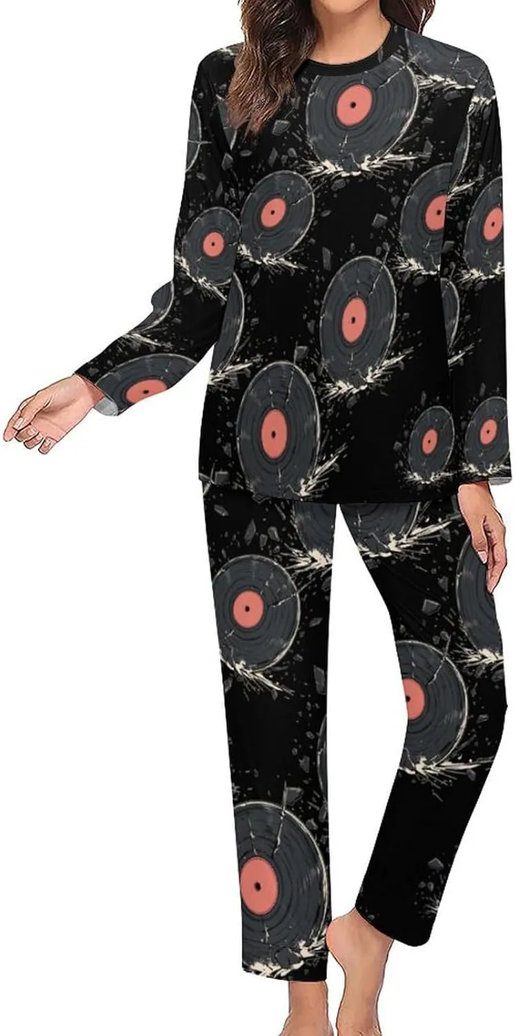 Broken Vinyl Record Women's Pajama Set Long Sleeve T-shirts Top & Pant Comfort Sleepwear Loungewear