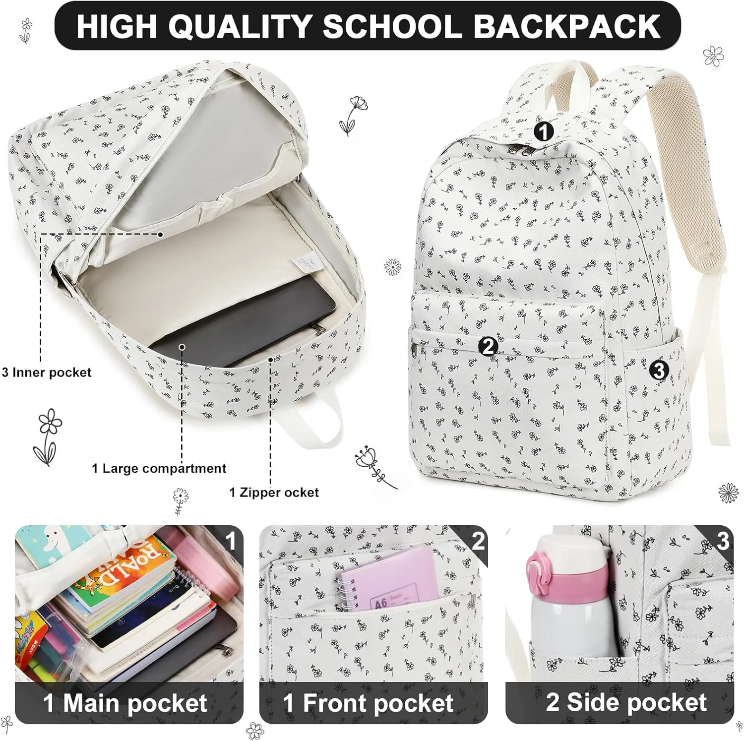 BTOOP School Backpacks for Teen Girls Bookbags Lightweight Canvas Backpack Schoolbag Set