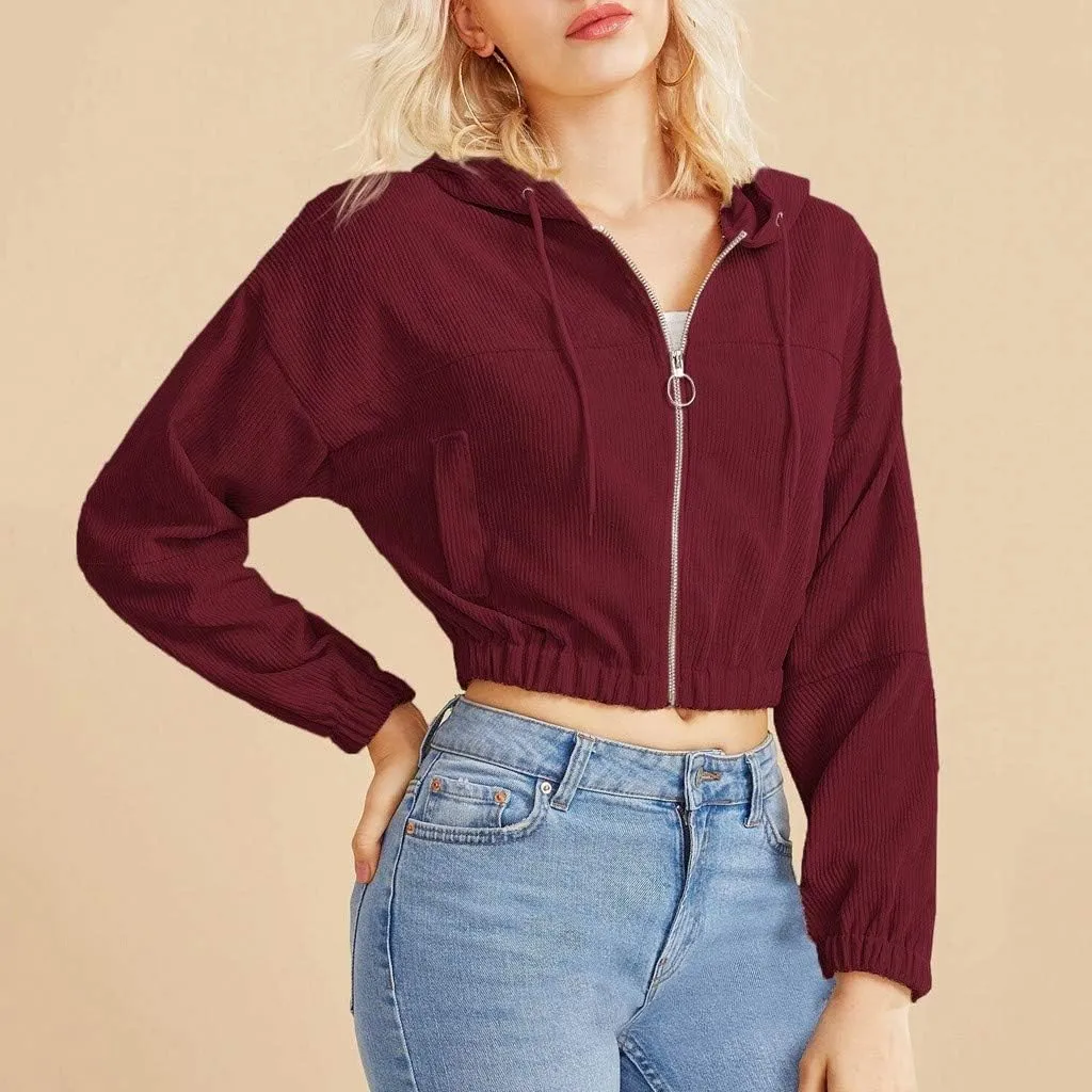 Casual Cropped Hoodies for Women Cute Crop Top Y2K Long Sleeve Sweatshirts Breathable Drawstring Teen Girls Clothes
